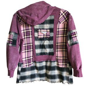 Upcycled Patchwork Hoodie, S-M: Distressed Magenta Grunge Sweater, Campus Style